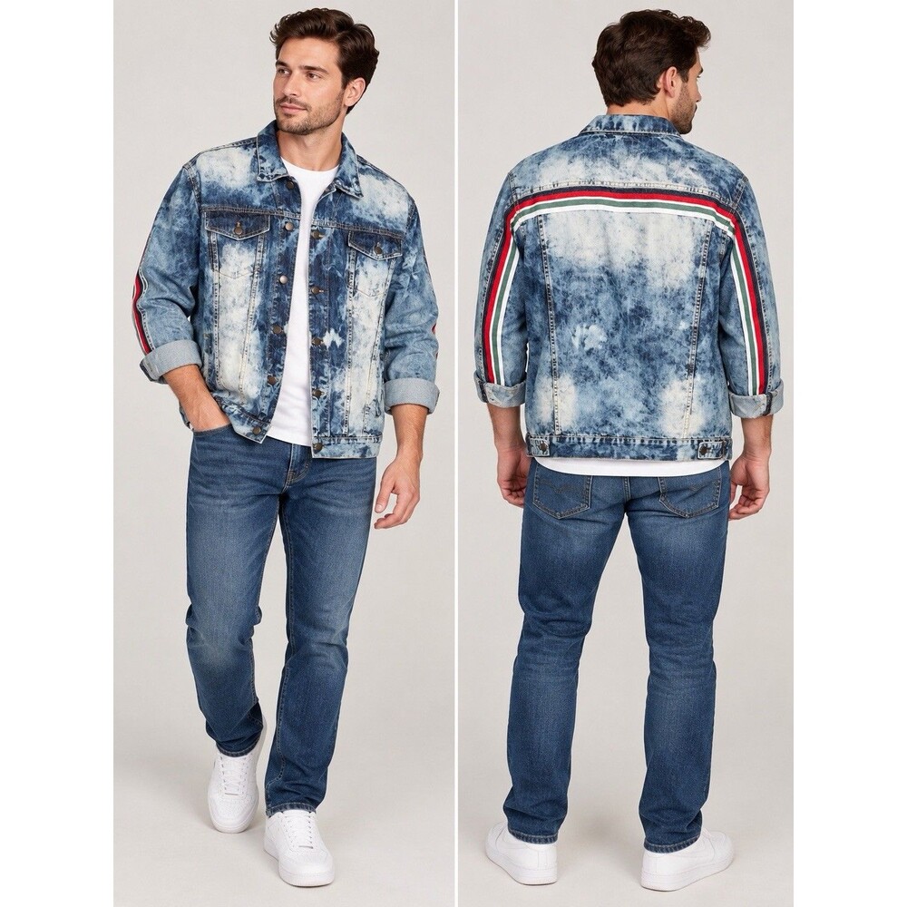 Arketype Men’s XL Acid Wash Denim Jacket Blue Red Green Stripe Distressed